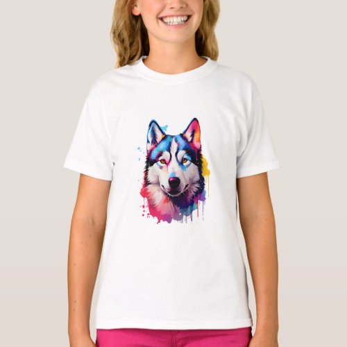 Watercolor Siberian Husky Colorful Art T_Shirt