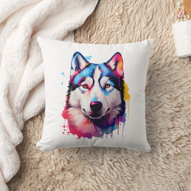 Watercolor Siberian Husky Colorful Art Throw Pillow (Blanket)