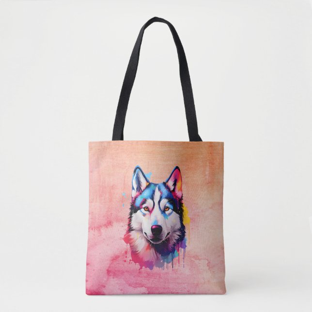 Watercolor Siberian Husky Colorful Art Tote Bag (Front)