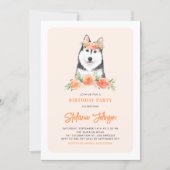 Watercolor Siberian Husky Peach Floral Birthday Invitation (Front)
