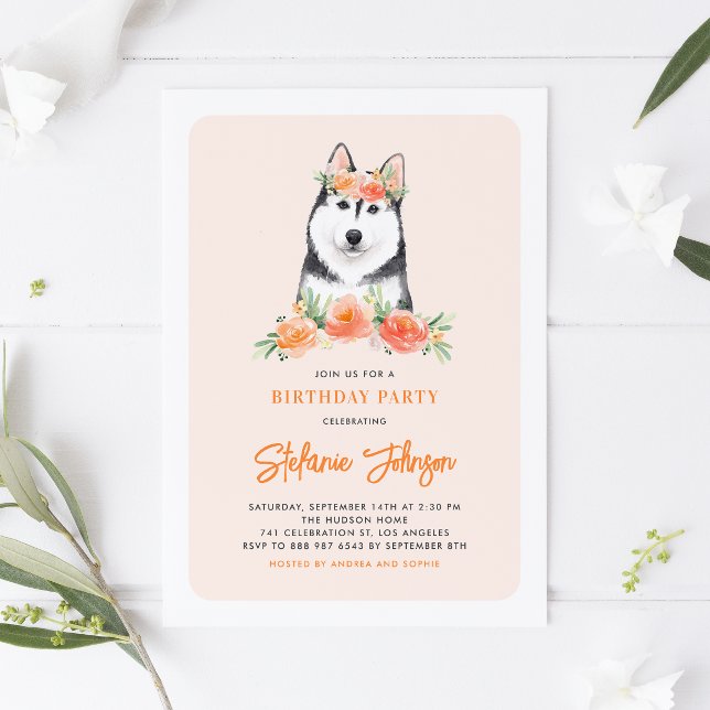 Watercolor Siberian Husky Peach Floral Birthday Invitation