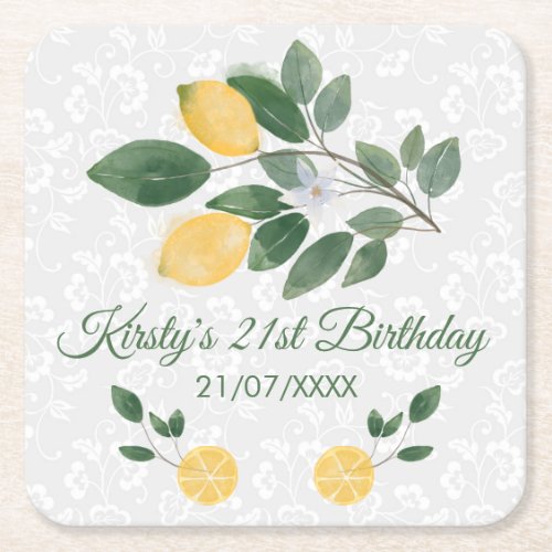 Watercolor Sicilian Lemons Birthday Square Paper Coaster