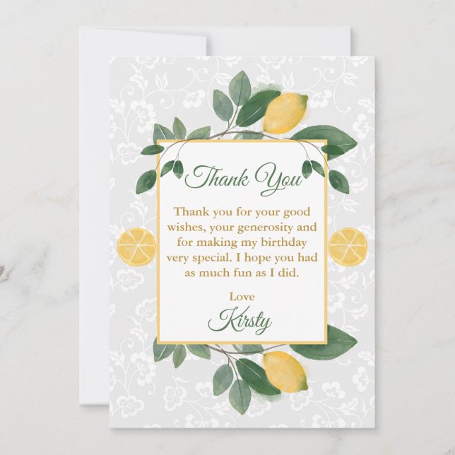 Watercolor Sicilian Lemons Birthday Thank You Card (Front)