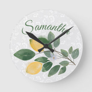 Watercolor Sicilian Lemons Name Round Clock