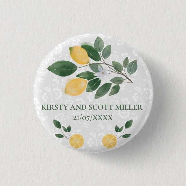 Watercolor Sicilian Lemons Wedding Button (Front)