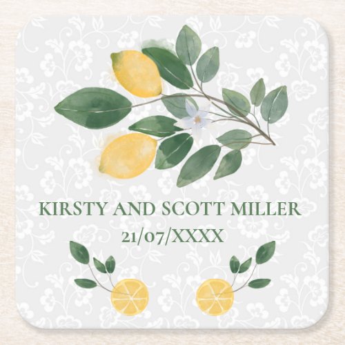 Watercolor Sicilian Lemons Wedding Square Paper Coaster