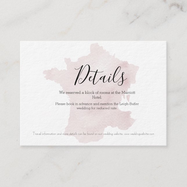 Watercolor Silhouette France Wedding Details Card (Front)