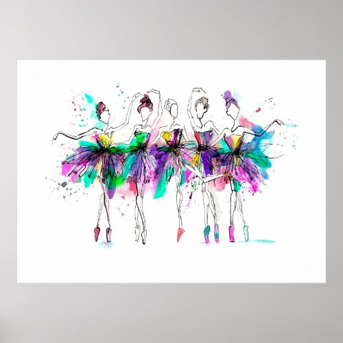 Watercolor silhouettes of ballerinas Bright spray Poster