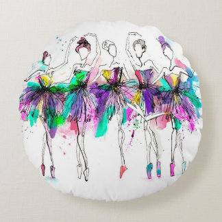 Watercolor silhouettes of ballerinas. Bright spray Round Pillow