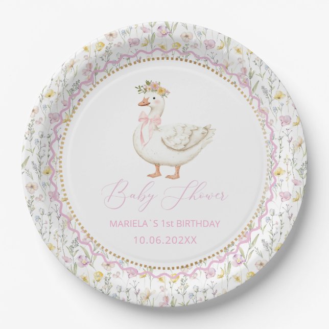  Watercolor  Silly Goose 1st birthday Paper Plates (Front)