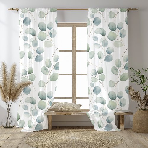 Watercolor Silver Dollar Eucalyptus   Elegant  Sheer Curtains