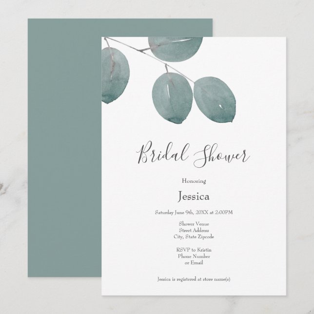 Watercolor Silver Dollar Eucalyptus Leaves Invitation (Front/Back)