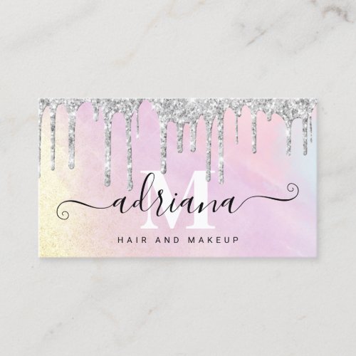 Watercolor silver glitter drips hair and makeup business card