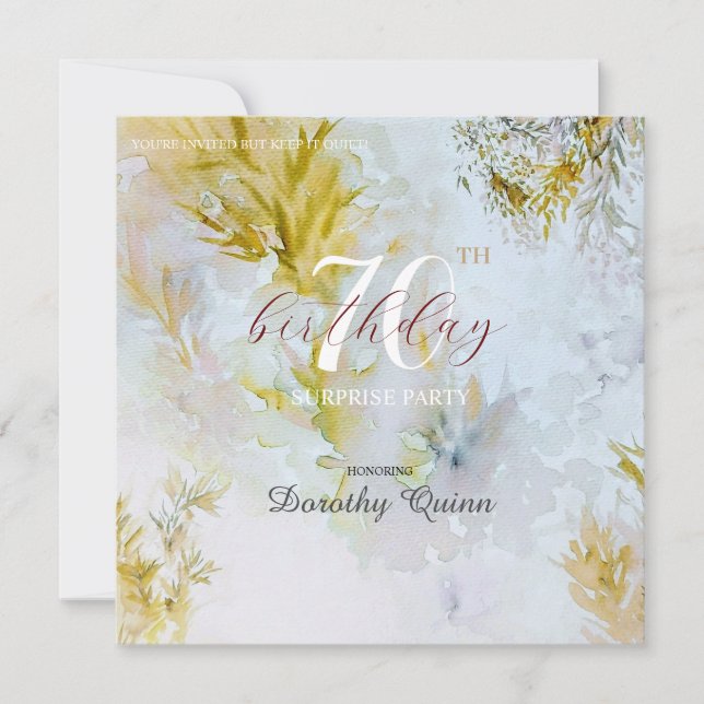 Watercolor Silver & Gold Leaves Surprise Birthday Invitation (Front)