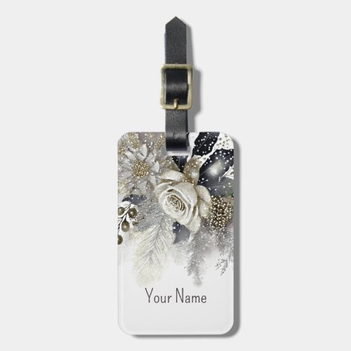 Watercolor Silver Gold White Roses Flowers Travel Luggage Tag