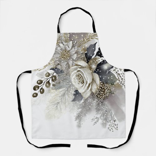 Watercolor Silver Golden White Roses Flowers Apron