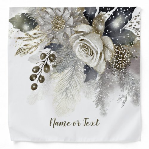 Watercolor Silver Golden White Roses Flowers Bandana