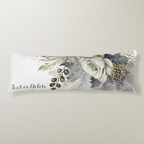 Watercolor Silver Golden White Roses Flowers Body Pillow