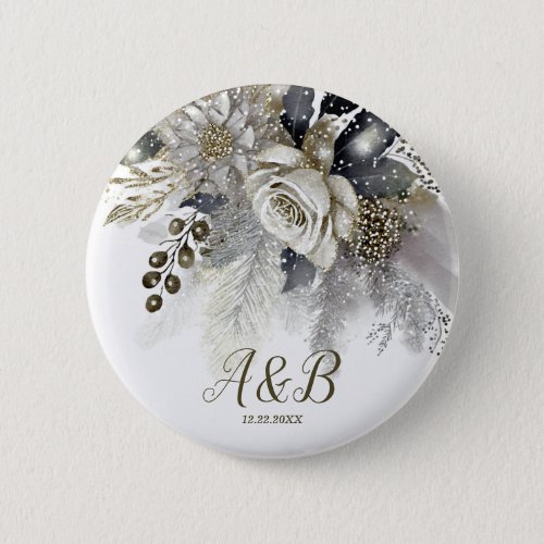 Watercolor Silver Golden White Roses Flowers Button