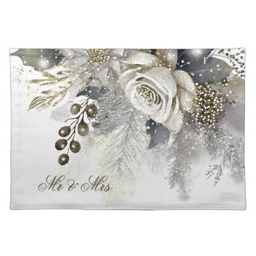 Watercolor Silver Golden White Roses Flowers Cloth Placemat