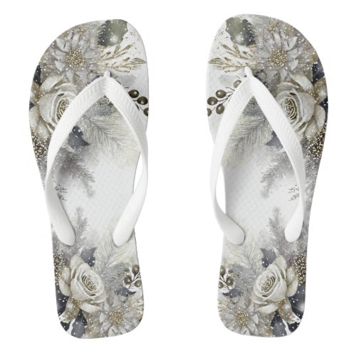 Watercolor Silver Golden White Roses Flowers Flip Flops