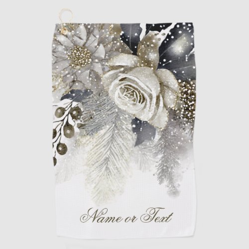 Watercolor Silver Golden White Roses Flowers Golf Towel