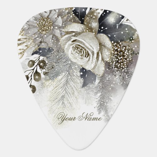 Watercolor Silver Golden White Roses Flowers Guitar Pick