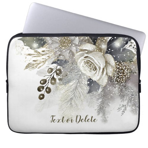 Watercolor Silver Golden White Roses Flowers Laptop Sleeve