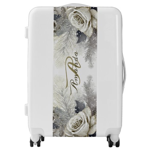 Watercolor Silver Golden White Roses Flowers Luggage