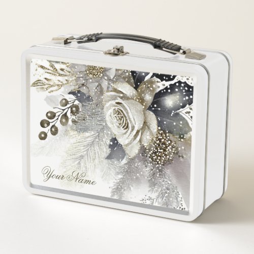 Watercolor Silver Golden White Roses Flowers Metal Lunch Box