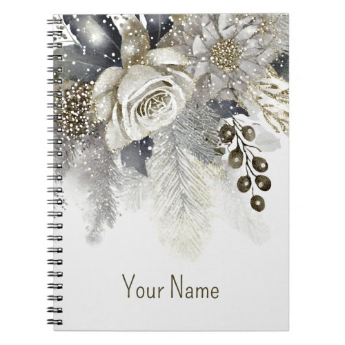 Watercolor Silver Golden White Roses Flowers Notebook