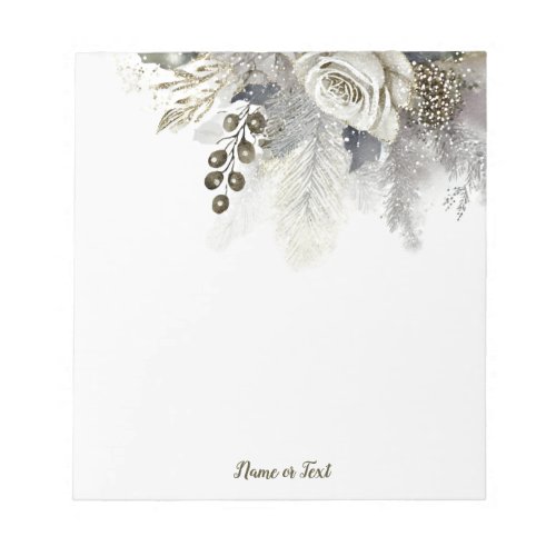 Watercolor Silver Golden White Roses Flowers Notepad