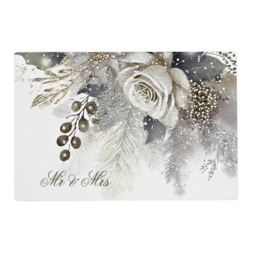 Watercolor Silver Golden White Roses Flowers Placemat