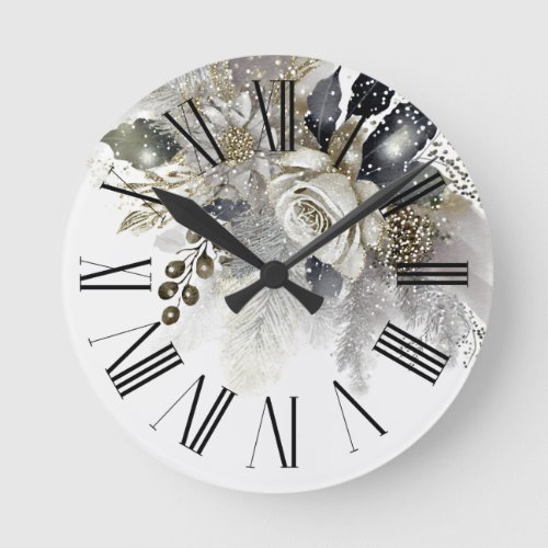 Watercolor Silver Golden White Roses Flowers Round Clock