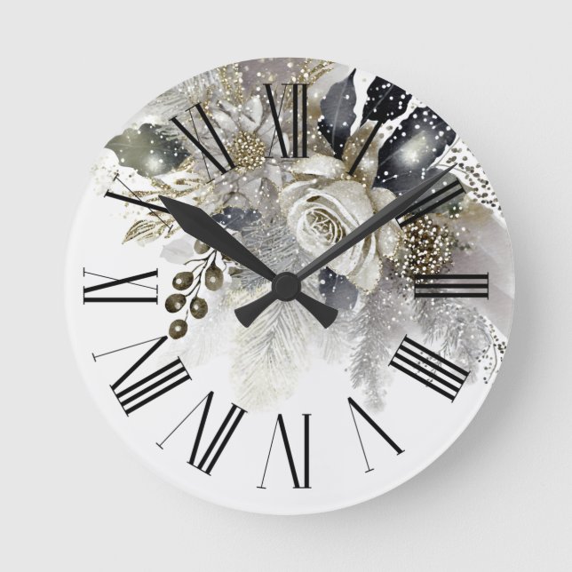 Watercolor Silver Golden White Roses Flowers Round Clock (Front)