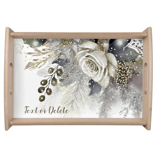 Watercolor Silver Golden White Roses Flowers Serving Tray