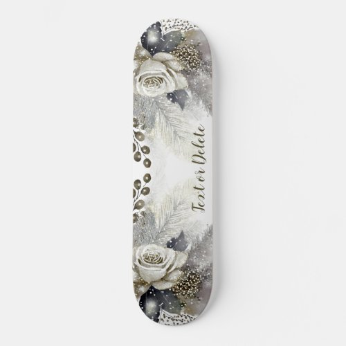 Watercolor Silver Golden White Roses Flowers Skateboard