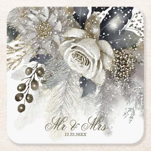 Watercolor Silver Golden White Roses Flowers Square Paper Coaster