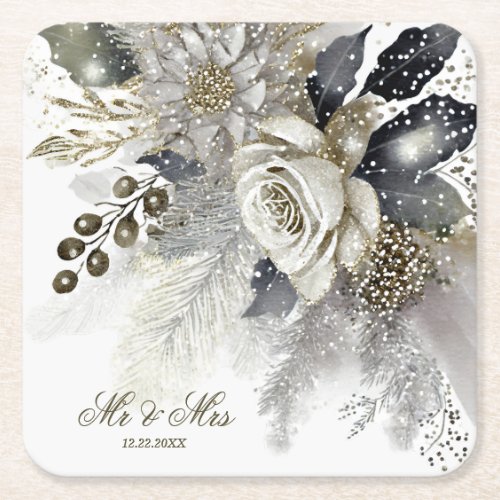 Watercolor Silver Golden White Roses Flowers Square Paper Coaster