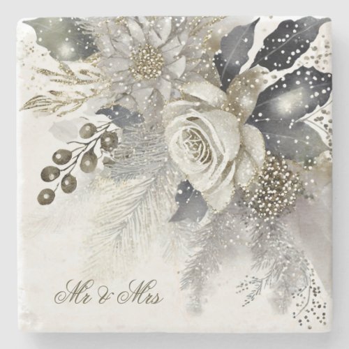 Watercolor Silver Golden White Roses Flowers Stone Coaster