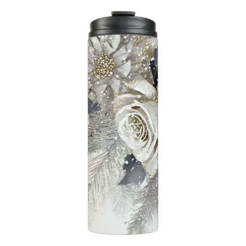 Watercolor Silver Golden White Roses Flowers Thermal Tumbler