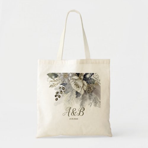 Watercolor Silver Golden White Roses Flowers Tote Bag