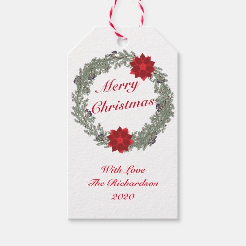 Watercolor  Silver Red Christmas Wreath Poinsettia Gift Tags