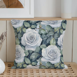 Watercolor Silver Rose Garden Throw Pillow