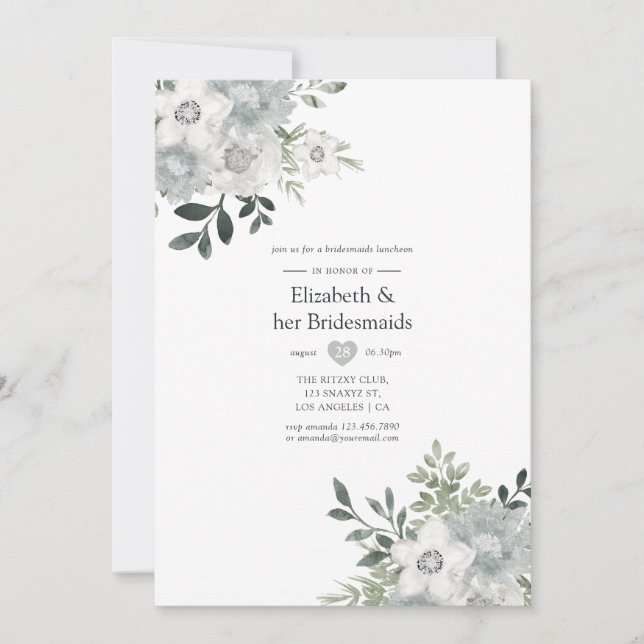 Watercolor Silver Sage Bridesmaids Luncheon Invitation (Front)