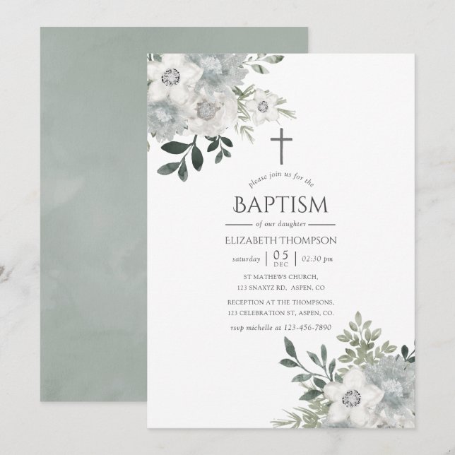 Watercolor Silver Sage Floral Baptism Invitation (Front/Back)