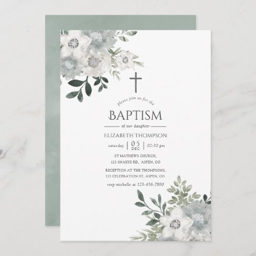 Watercolor Silver Sage Floral Baptism Invitation