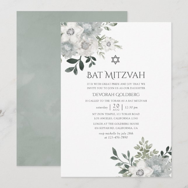 Watercolor Silver Sage Floral Bat Mitzvah Invitation (Front/Back)