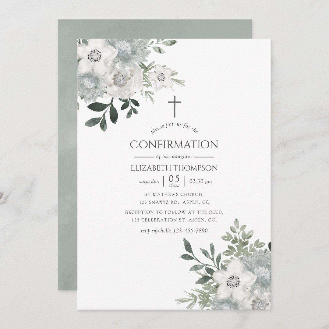 Watercolor Silver Sage Floral Confirmation Invitation | Zazzle