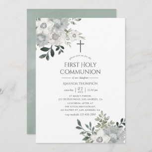 Watercolor Silver Sage Floral First Holy Communion Invitation